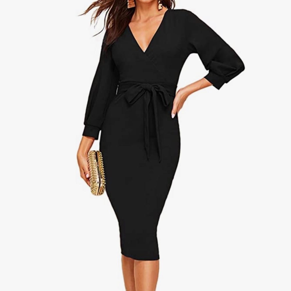 Verdusa Women's Wrap V Neck Long Sleeve Belted Formal Bodycon Dress